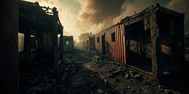 Burned residential container with broken windows and fire damage marks.