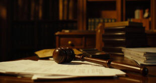 Wooden gavel resting on scattered legal documents atop a polished mahogany desk in a traditional law office setting