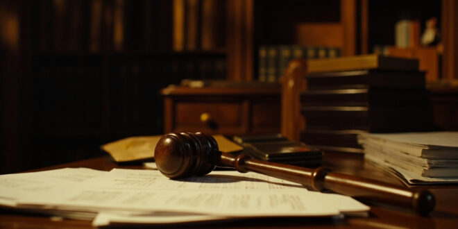 Wooden gavel resting on scattered legal documents atop a polished mahogany desk in a traditional law office setting