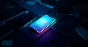 Multiple glowing smartphones and tablets scattered on dark surface showing search trend graphs and social media feeds