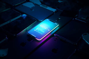 Multiple glowing smartphones and tablets scattered on dark surface showing search trend graphs and social media feeds