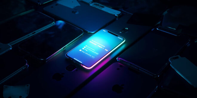 Multiple glowing smartphones and tablets scattered on dark surface showing search trend graphs and social media feeds