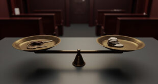 Bronze scales of justice balancing apartment keys on one side and euro coins on the other in a stark courtroom setting