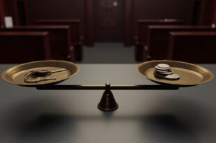 Bronze scales of justice balancing apartment keys on one side and euro coins on the other in a stark courtroom setting