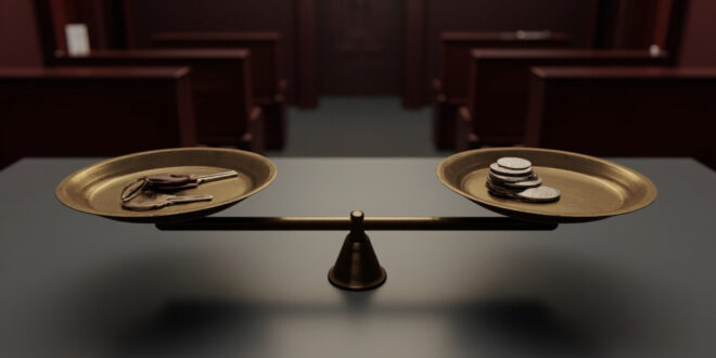 Bronze scales of justice balancing apartment keys on one side and euro coins on the other in a stark courtroom setting