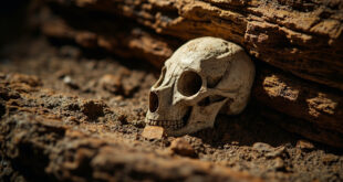 Fossilized skull partially embedded in layered sedimentary rock with geological tools nearby
