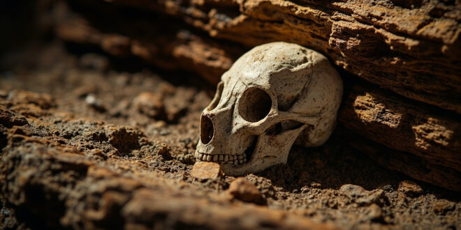 Fossilized skull partially embedded in layered sedimentary rock with geological tools nearby