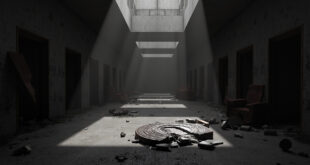 Empty government building corridor with scattered papers and broken official seals on cold concrete floors