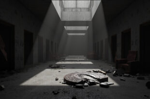 Empty government building corridor with scattered papers and broken official seals on cold concrete floors