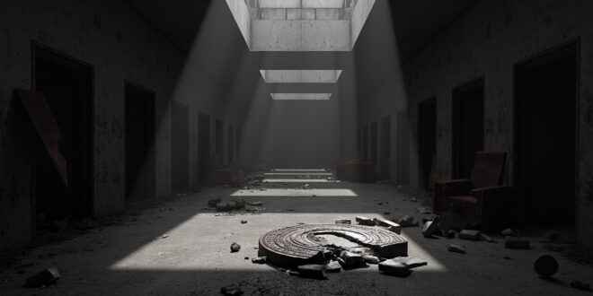Empty government building corridor with scattered papers and broken official seals on cold concrete floors