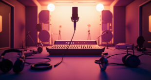 Professional recording studio with microphone, mixing console, and sound equipment in warm lighting