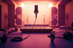 Professional recording studio with microphone, mixing console, and sound equipment in warm lighting
