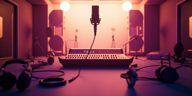 Professional recording studio with microphone, mixing console, and sound equipment in warm lighting