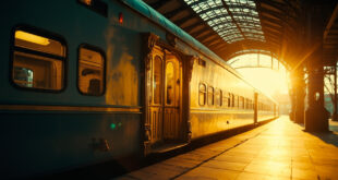 Vintage train arriving at ornate railway station platform with steam and golden lighting