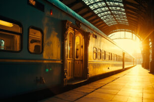 Vintage train arriving at ornate railway station platform with steam and golden lighting