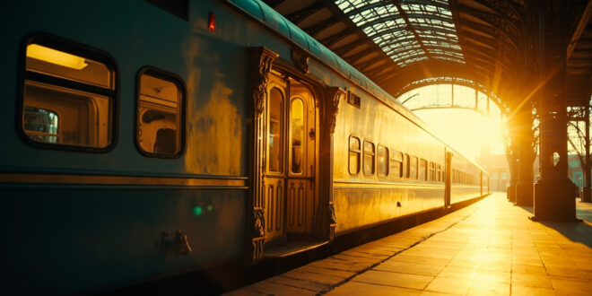 Vintage train arriving at ornate railway station platform with steam and golden lighting