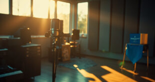 Professional recording microphone in community studio with mixing board and sound dampening foam panels