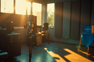 Professional recording microphone in community studio with mixing board and sound dampening foam panels