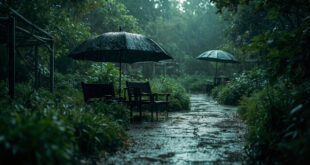 Black umbrellas huddled together in heavy rain at museum gardens with wet stone pathways and green foliage