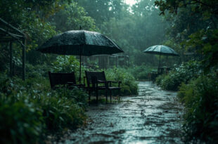 Black umbrellas huddled together in heavy rain at museum gardens with wet stone pathways and green foliage