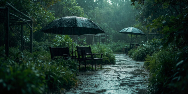Black umbrellas huddled together in heavy rain at museum gardens with wet stone pathways and green foliage