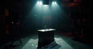 Empty television studio desk with microphone under dramatic lighting, production cameras visible in background.