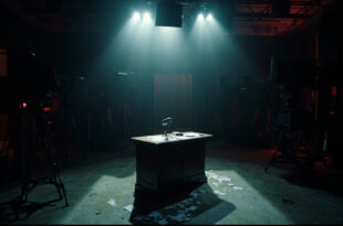 Empty television studio desk with microphone under dramatic lighting, production cameras visible in background.