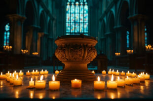 Stone baptismal font in Gothic church interior with colored light from stained glass windows