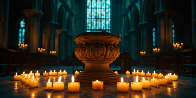 Stone baptismal font in Gothic church interior with colored light from stained glass windows