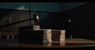 Closed legal documents and gavel on polished wooden courtroom table in empty justice hall