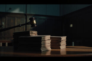 Closed legal documents and gavel on polished wooden courtroom table in empty justice hall