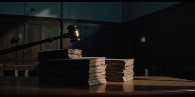 Closed legal documents and gavel on polished wooden courtroom table in empty justice hall