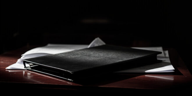 Closed psychiatric evaluation folder with official seals on wooden courtroom bench in secure institutional setting