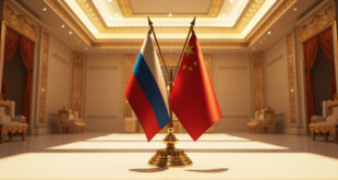 Ornate meeting hall with Russian and Chinese flags displayed on ceremonial stands amid traditional Chinese architectural details
