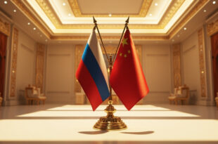 Ornate meeting hall with Russian and Chinese flags displayed on ceremonial stands amid traditional Chinese architectural details