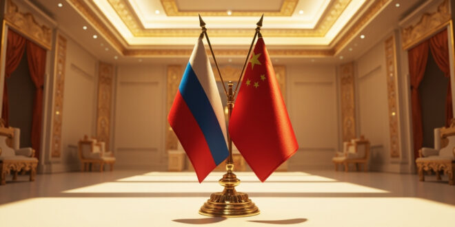 Ornate meeting hall with Russian and Chinese flags displayed on ceremonial stands amid traditional Chinese architectural details