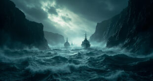 Military vessels navigating through narrow Baltic Sea straits under dark storm clouds