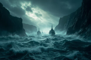 Military vessels navigating through narrow Baltic Sea straits under dark storm clouds