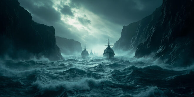 Military vessels navigating through narrow Baltic Sea straits under dark storm clouds