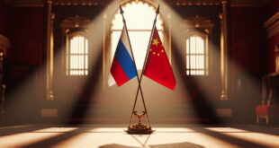 Ornate meeting hall with Russian and Chinese flags flanking an elaborate wooden conference table in traditional palace setting