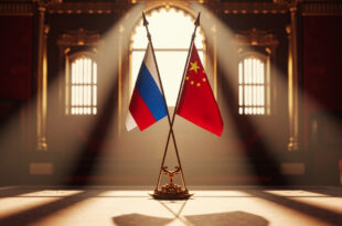 Russian and Chinese flags positioned beside ornate wooden podium in grand ceremonial hall with traditional architecture