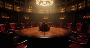 Large ornate circular wooden conference table in grand government hall with traditional Chinese architectural details