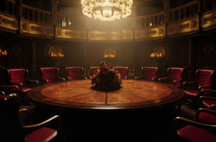 Large ornate circular wooden conference table in grand government hall with traditional Chinese architectural details