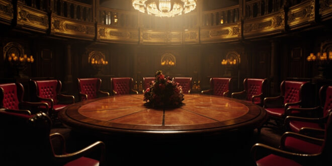 Large ornate circular wooden conference table in grand government hall with traditional Chinese architectural details