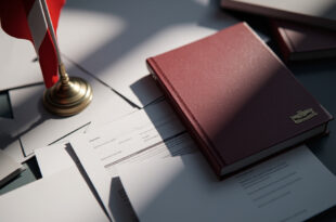 Government office desk with official Austrian policy documents, folders, and legislative papers in burgundy and gray tones