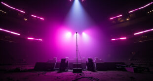Empty concert stage with microphone stand under purple spotlight in darkened arena