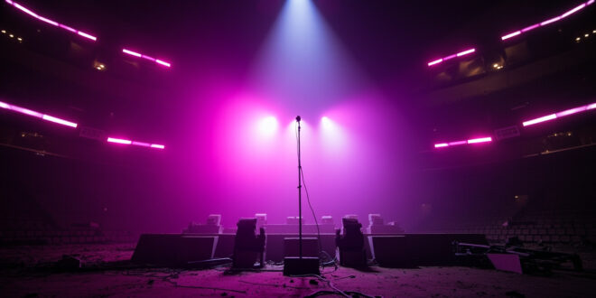 Empty concert stage with microphone stand under purple spotlight in darkened arena