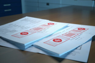Government documents and visa forms arranged on polished wooden desk with official red stamps and seals visible