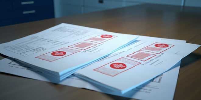 Government documents and visa forms arranged on polished wooden desk with official red stamps and seals visible