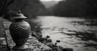 Ceramic urn positioned on stone riverbank beside flowing water with natural landscape background
